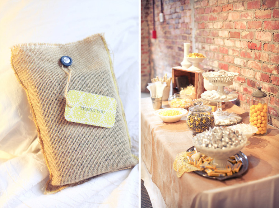yellow and burlap wedding favors and candy bar