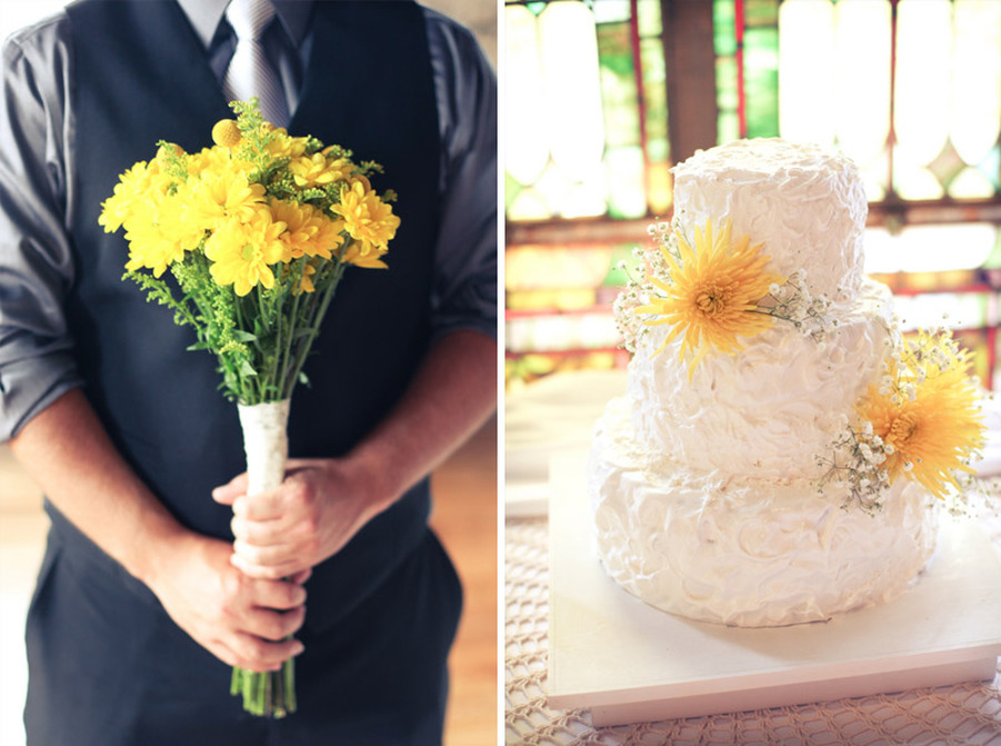yellow wedding cake and wedding bouquet