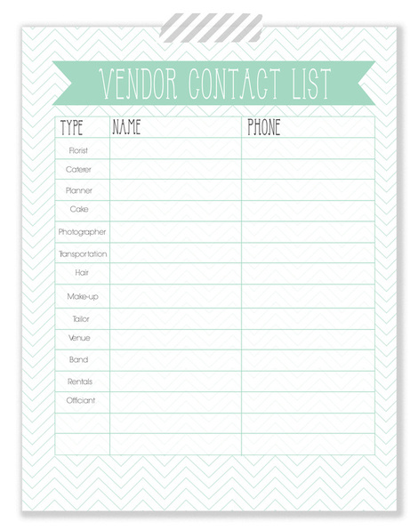 Free Wedding Printable Vendor Contact List